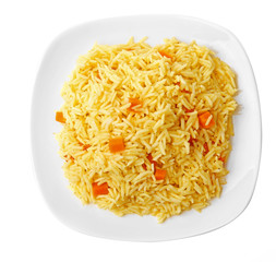 Dish of vegetarian rice isolated on white