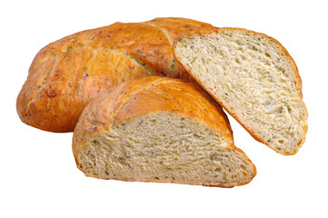 A piece of apple strudel sprinkled with powdered sugar. Isolated on white