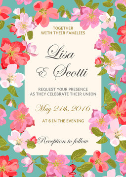 Wedding floral invitation with colorful spring flowers.