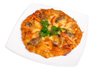 A piece of apple strudel sprinkled with powdered sugar. Isolated on white