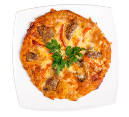 A piece of apple strudel sprinkled with powdered sugar. Isolated on white