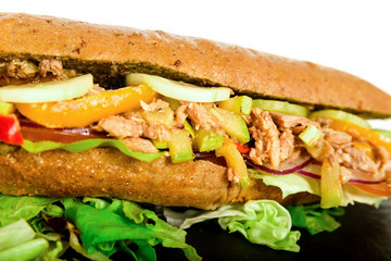 Fresh Healthy Tuna Sandwich Baguette with Vegetables.