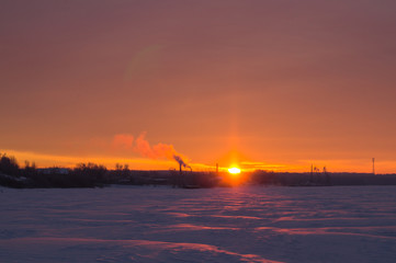 Orange sunrise tree silhouette winter snow