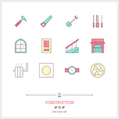 Color line icon set of Construction objects. Construction tools,