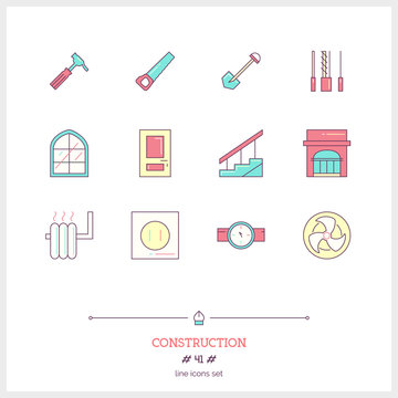 Color line icon set of Construction objects. Construction tools,