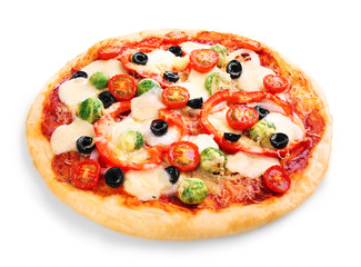 Delicious pizza with cheese and vegetables isolated on white
