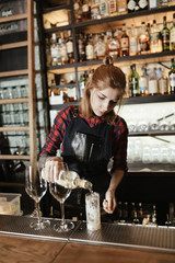 Barista woman prepares a cocktail at the bar