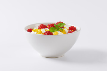 yoghurt with raspberries  and cornflakes