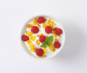 yoghurt with raspberries  and cornflakes