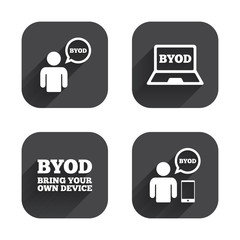 BYOD signs. Human with notebook and smartphone.