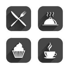 Food icons. Muffin cupcake symbol. Fork, knife.