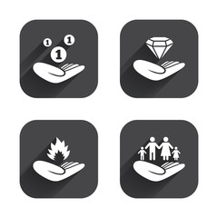 Helping hands icons. Protection and insurance.