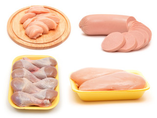 Set of chicken parts and chicken dishes isolated on white background