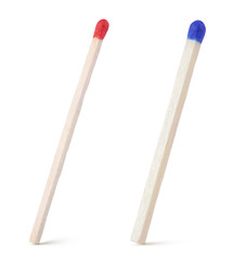 Closeup of blue and red matches isolated on white with clipping path