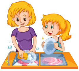 Girl helping mom doing the dishes