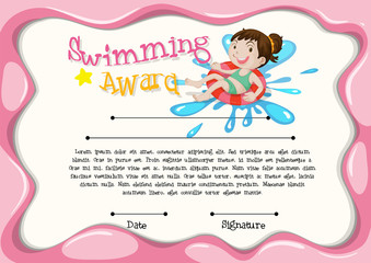 Certificate template with girl swimming