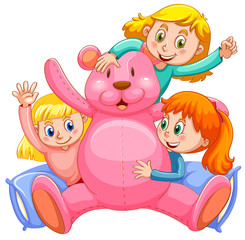 Three girls hugging pink teddy bear