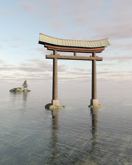 Plakaty  Japońska pływająca brama Torii w świątyni Shinto - ilustracja fantasy