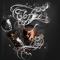 Coffee poster with mugs of coffee calligraphic signature in vint