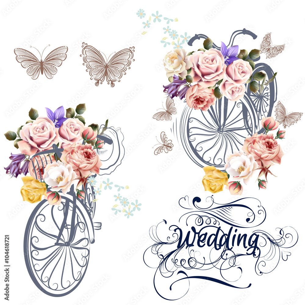 Poster cute vector set for invitation design with fake bicycle and flow