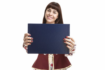 Caucasian Female Brunette Holding  Blank Blue Plate for Text  in Front