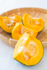 Kabocha, is Japanese pumpkin slice or green pumpkin on white background