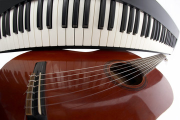  piano keys and classical guitar close up on white background