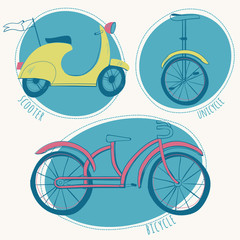 Scooter, bicycle and unicycle set . Vector illustration © g_b_r_jo