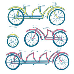Fototapeta na wymiar Set of four bicycles. Unicycle, tricycle, tandem bike, bicycle. Vector illustration