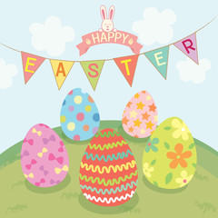 Easter card with painted eggs pattern design on nature background