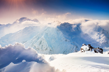 Beautiful winter landscape with snow-covered mountains 