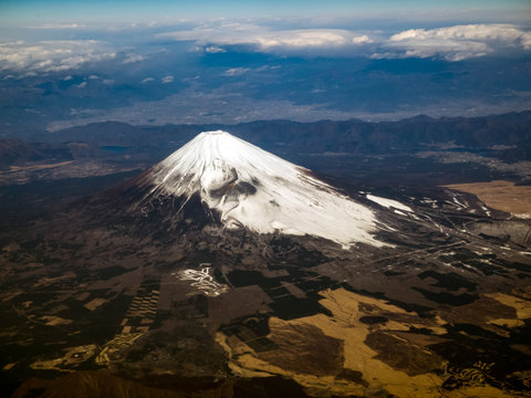 Aerial view of Mount Fuji volcano with a snow cap in Japan