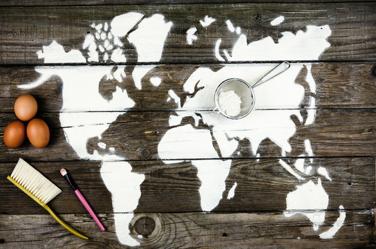 Beautiful backdrop of the flour in the form of a map of the world