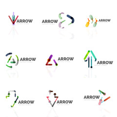 Set of linear arrow abstract logos, connected multicolored segments lines in directional pointer figures