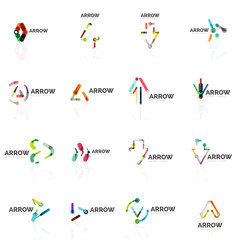 Set of linear arrow abstract logos, connected multicolored segments lines in directional pointer figures