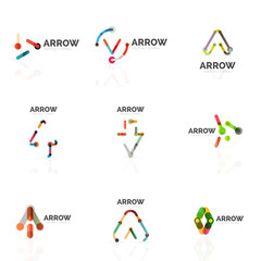 Set of linear arrow abstract logos, connected multicolored segments lines in directional pointer figures