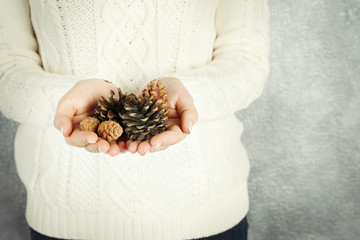 Few pine cones in woman hands, closeup