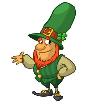 St Patricks Day leprechaun cartoon character waving. Vector illustration