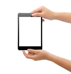 hand holding black tablet isolated on white clipping path inside