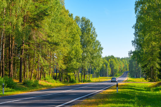 Gray Car Moving On A Suburban Road In Wooded Area