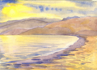 Sea and mountains. Landscape. Watercolor painting