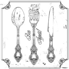 hand drawn fork, knife and spoon ornate
