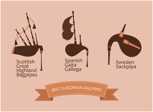 European Bagpipes Set on Brown Background Isolated, Vector Illustration.
