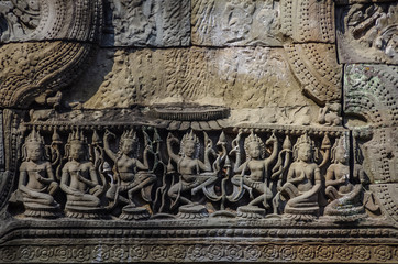 Detail of carvings in Angkor Thom,UNESCO world heritage, Siam Reap, Cambodia.