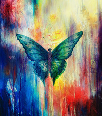  illustration of a butterfly, mixed medium, abstract color background.