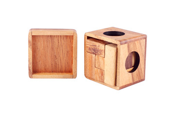 Wooden blocks game in wooden box isolated on white