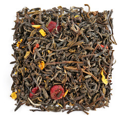 Pile of dry green tea with pieces of fruits and flower petals, isolated on white