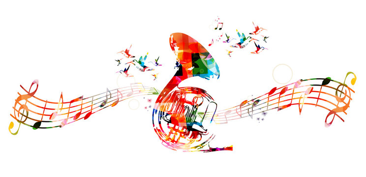 Colorful french horn with hummingbirds