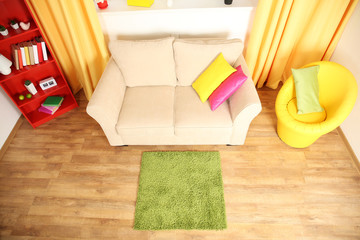 Obraz na płótnie Canvas Modern living room interior with white sofa and green carpet