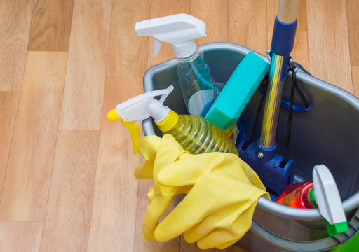 Cleaning tools, bucket, rubber gloves, sponges, spray